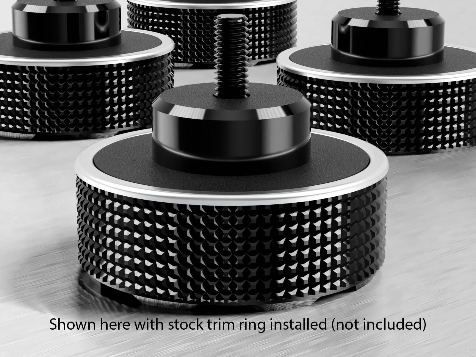 Rendering of SpinCandy turntable foot with a stock trim rings installed (not included). Compatible with Technics SL-1200 and similar models.